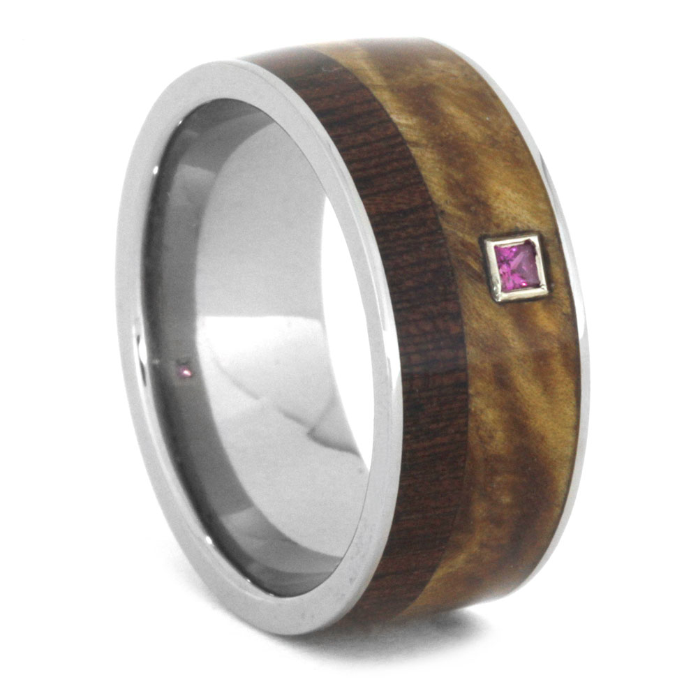 Black Ash Burl and Dalmata Wood Overlay with Princess Cut Ruby with 14k white Gold 8.75mm Comfort-Fit Titanium Band.