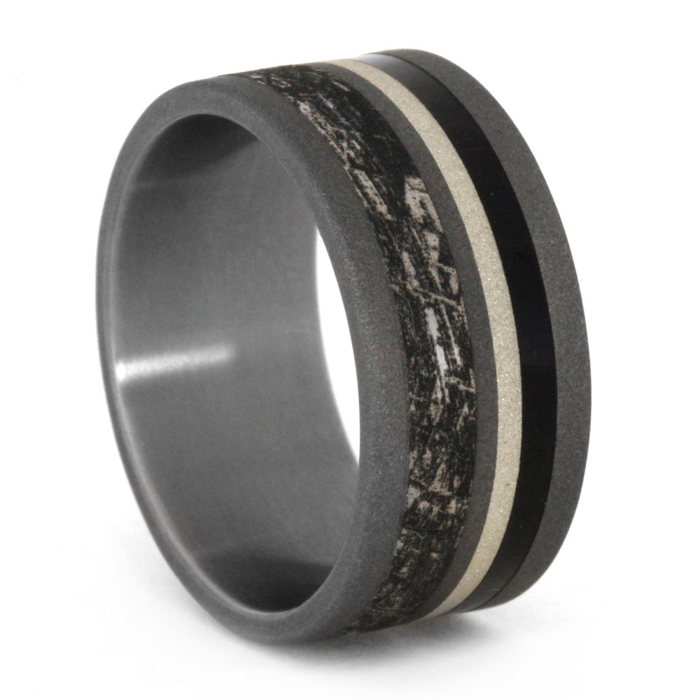 Mimetic Meteorite Engraving and Sterling Silver Stripe 9mm Comfort-Fit Sandblasted Titanium Band.