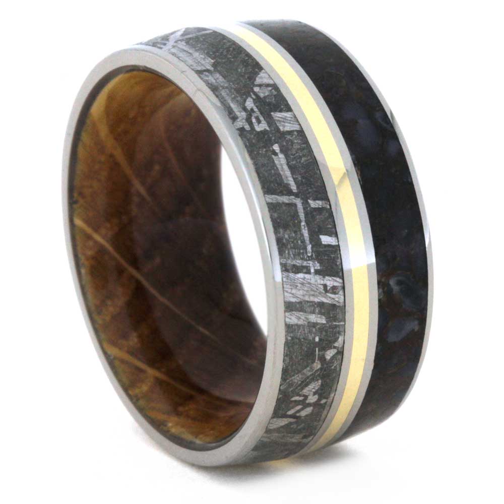 Dinosaur Bone and Gibeon Meteorite with 14k Yellow Gold Pinstripe 10mm Comfort-Fit Titanium Band.