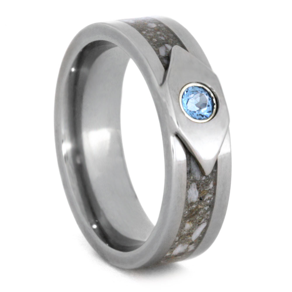 Pet Ashes Inlay with Blue Topaz 6mm Comfort-Fit Polished Titanium Band.