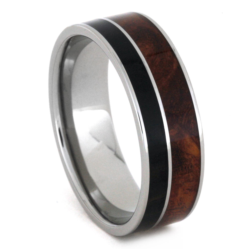 Afzelia and African Black Wood with Titanium Inlay 8mm Comfort-Fit Polished Titanium Wedding Band.