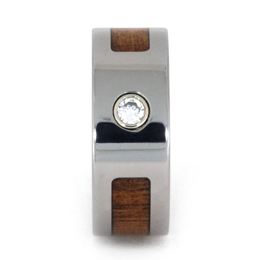 Koa Wood Inlay with Bezel Set Diamond 8mm Comfort-Fit Polished Titanium Wedding Band.