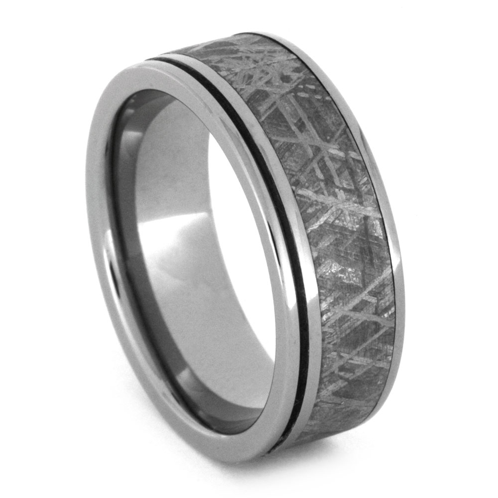 Gibeon Meteorite Inlay with Grooved Titanium Pinstripes 8mm Comfort-Fit Polished Titanium Band.