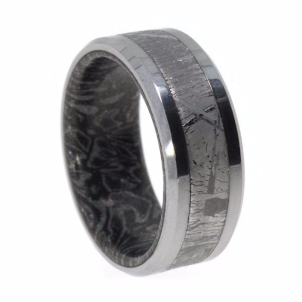 Gibeon Meteorite Inlay with Mokume Gane Sleeves 8mm Comfort-Fit polished Titanium Band.