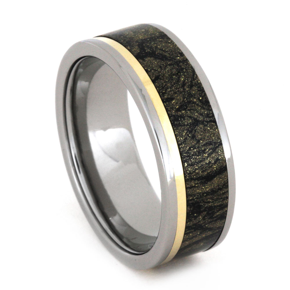 Black and Gold Mokume with 14k Yellow Gold Pinstripes 8mm Comfort-Fit Titanium Wedding Band.