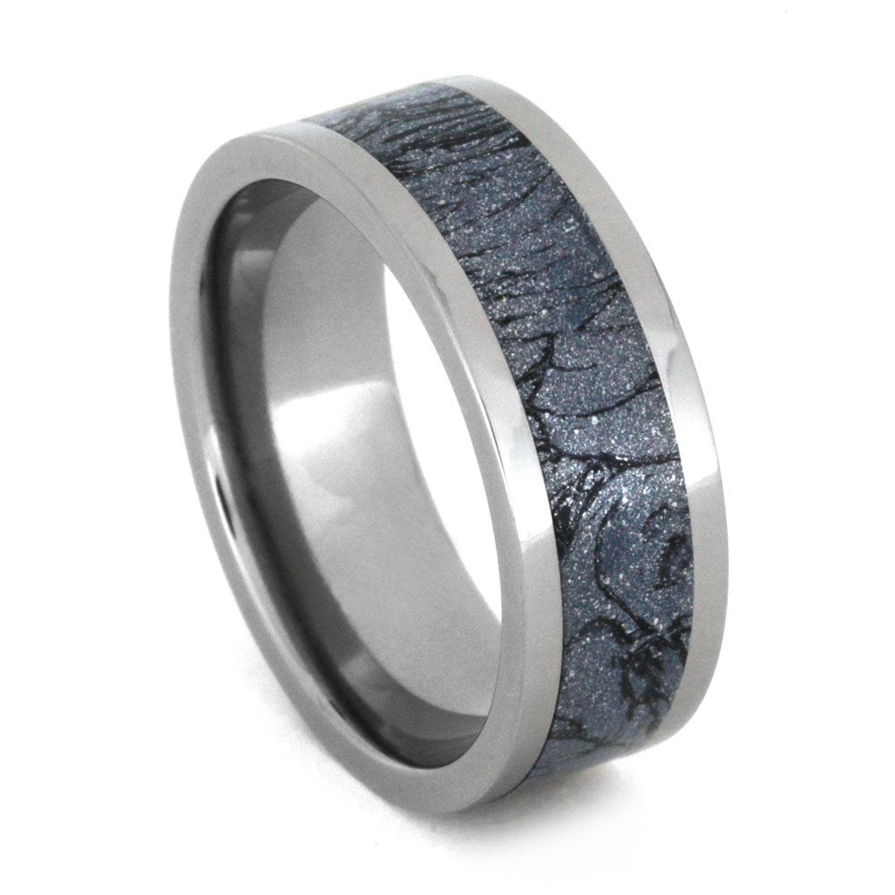 Blue Cobaltium Mokume Gane Inlay 8mm Comfort-Fit Polished Titanium Wedding Band.