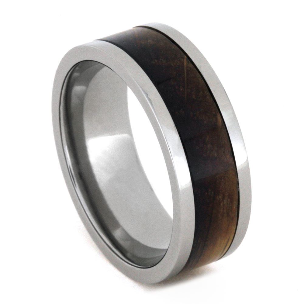 Whiskey Barrel Oak Wood Inlay 8mm Comfort-Fit Polished Titanium Band.