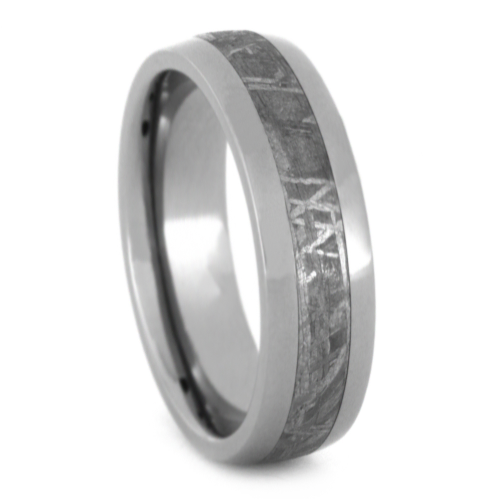 Genuine Gibeon Meteorite Inlay 6mm Comfort-Fit Polished Titanium Band.