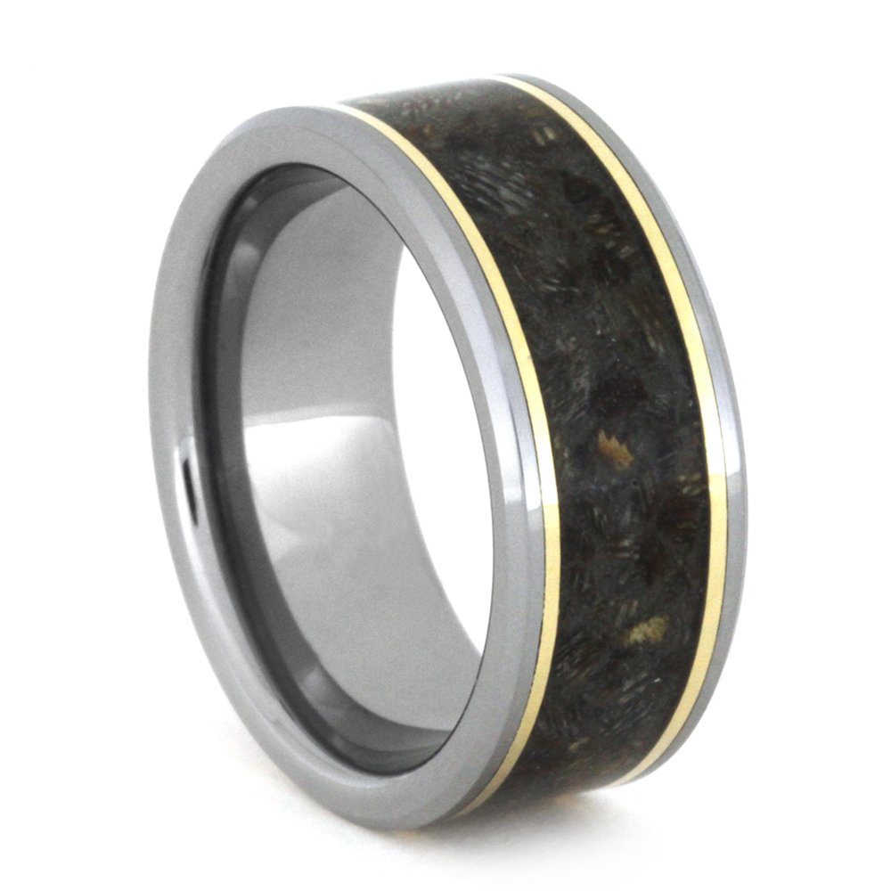 Horse Hoof Inlay with 14k Yellow Gold 8mm Comfort-Fit Polished Titanium Ring.