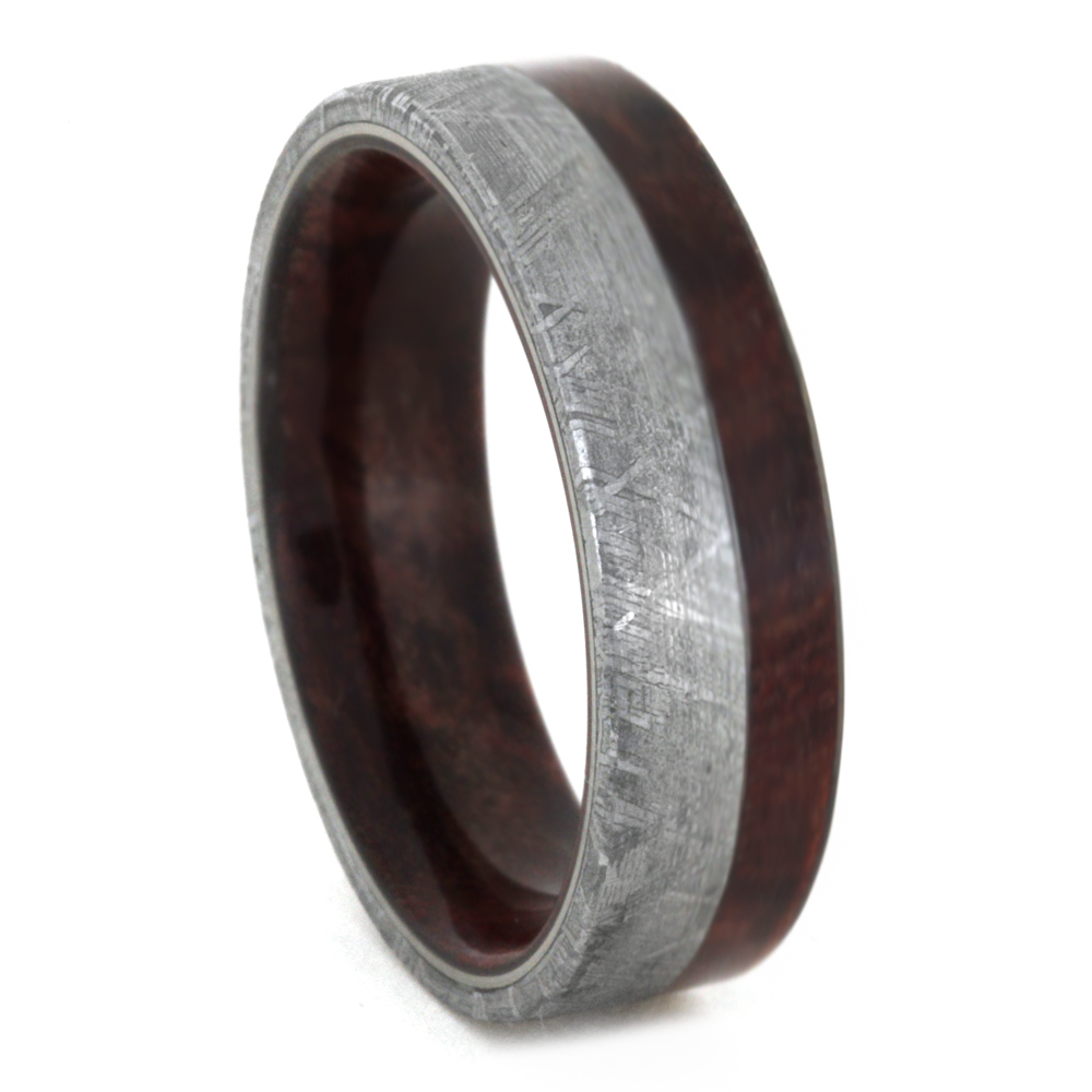 Gibeon Meteorite with Ruby Redwood Offset Inlay 7mm Comfort-Fit Titanium Band.