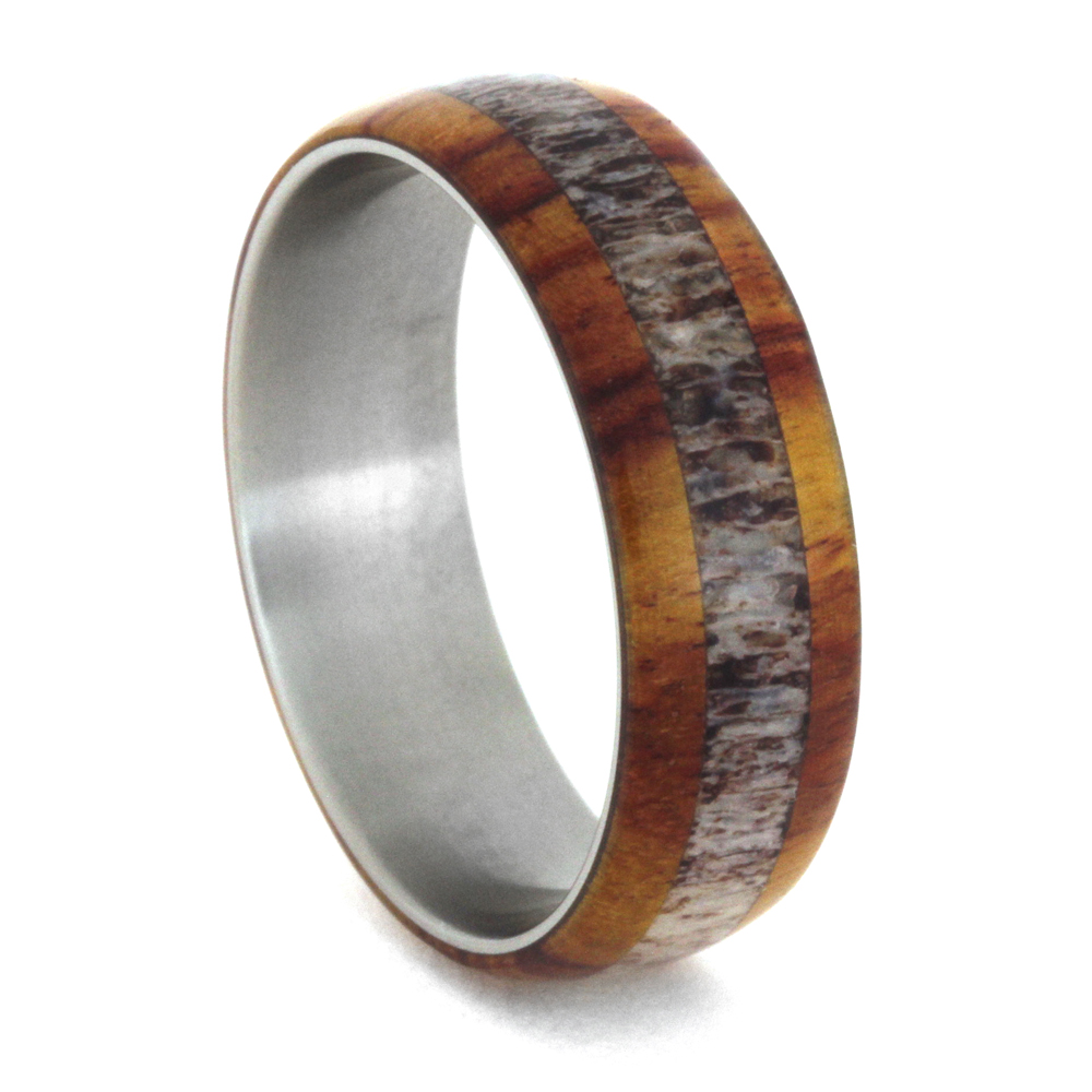 Deer Antler Inlay with Tulip Wood 7mm Comfort-Fit Polished Titanium Band.