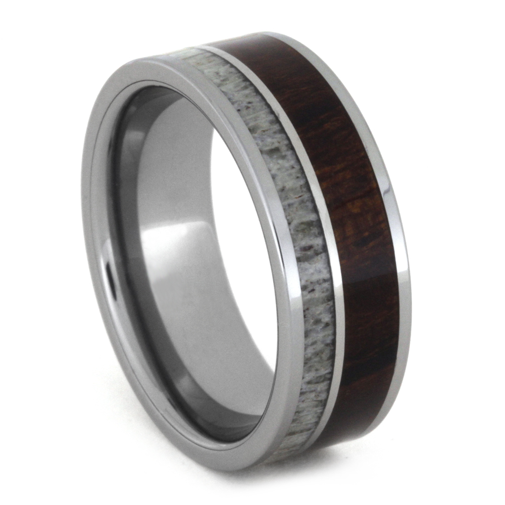 Ironwood with Tungsten and Deer Antler Inlay 8mm Comfort-Fit Polished Titanium Ring.