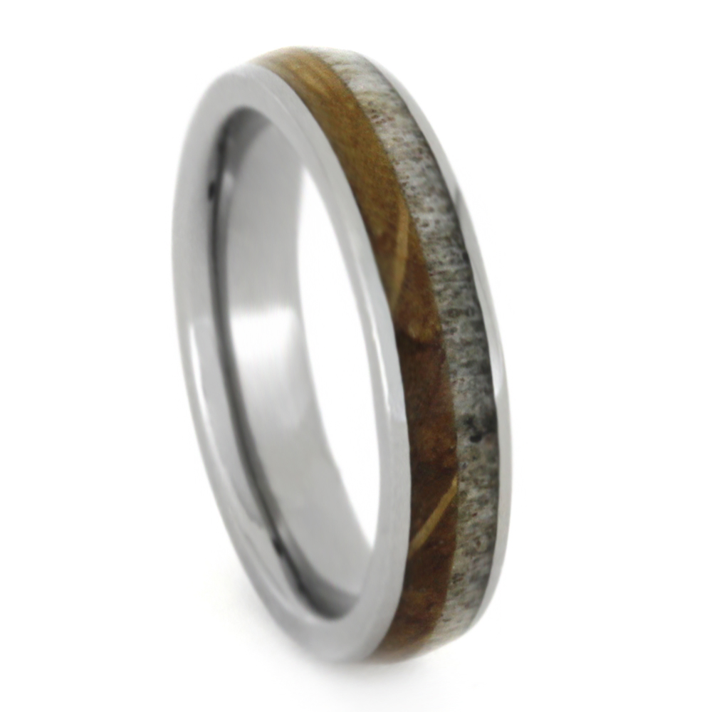 Deer Antler with Jack Daniels Whiskey Barrel Oak Wood 4mm Comfort-Fit Titanium Sleeves Ring.