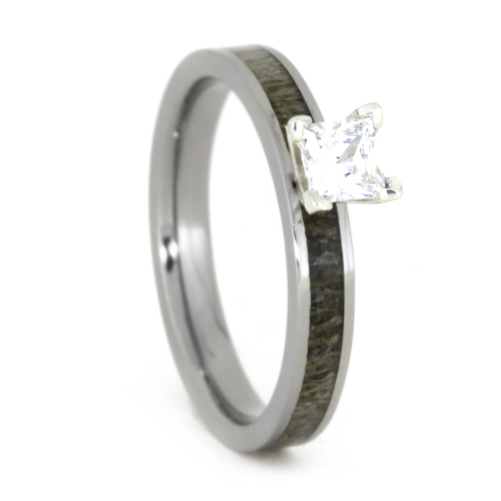 Deer Antler Inlay with Princess Cut Diamond 4mm Comfort-Fit Polished Titanium Ring.