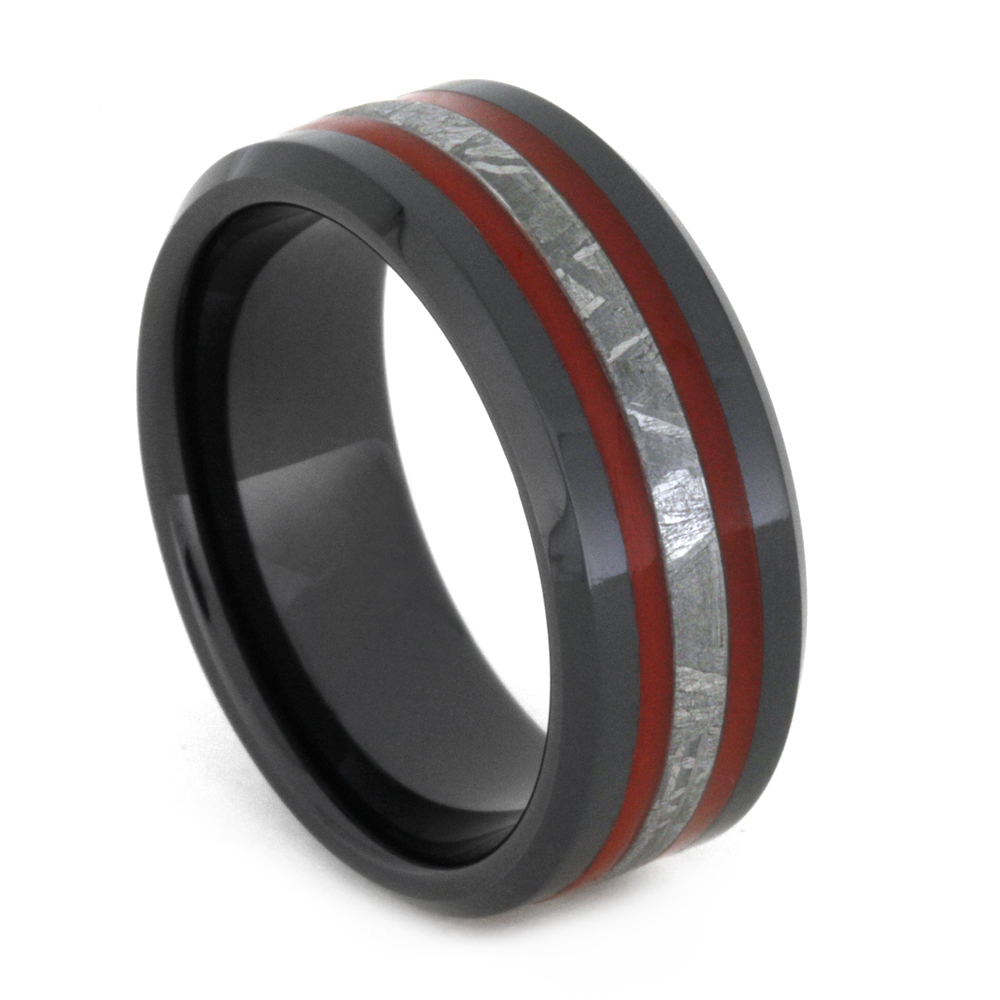 Black Ceramic Ring with Red Enamel Stripes and Gibeon Meteorite 8mm Comfort-Fit Polished Titanium Ring.