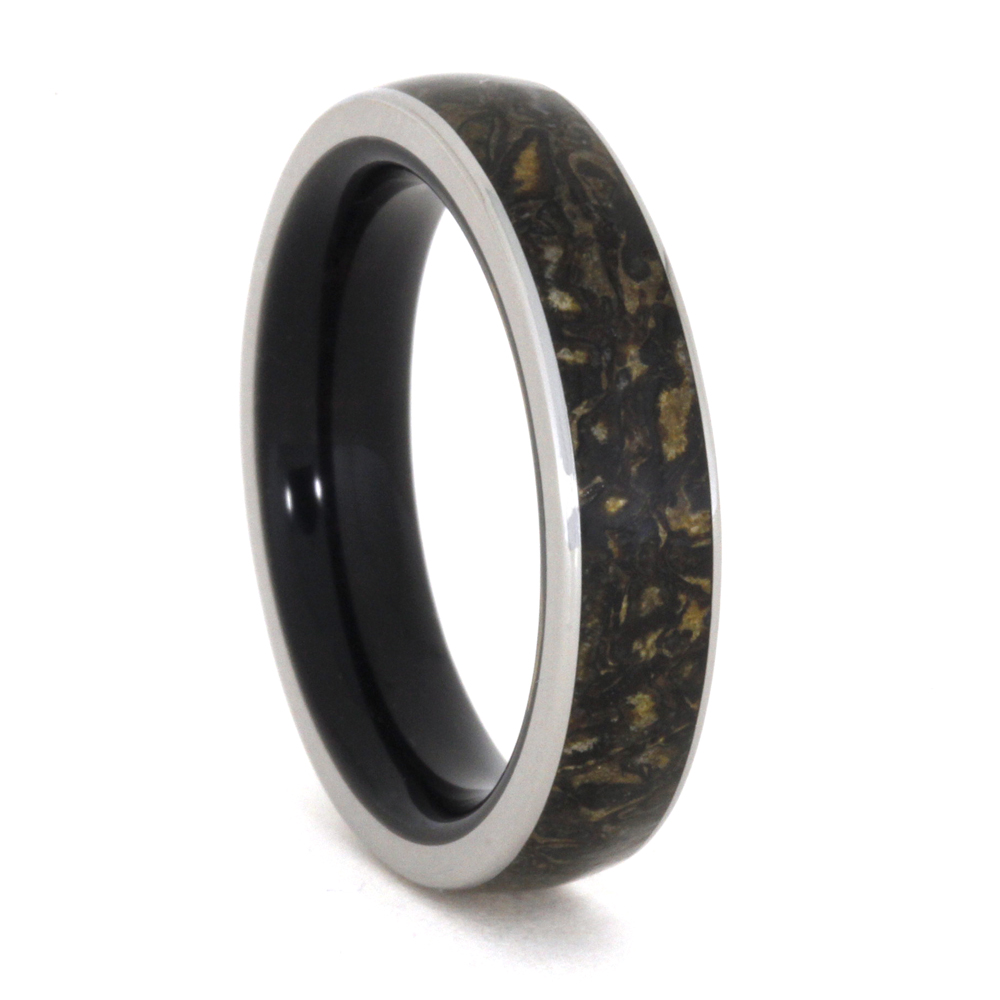 Dinosaur Bone Inlay Ebony Wood Sleeve 5mm Comfort-Fit Polished Titanium Wedding Band.