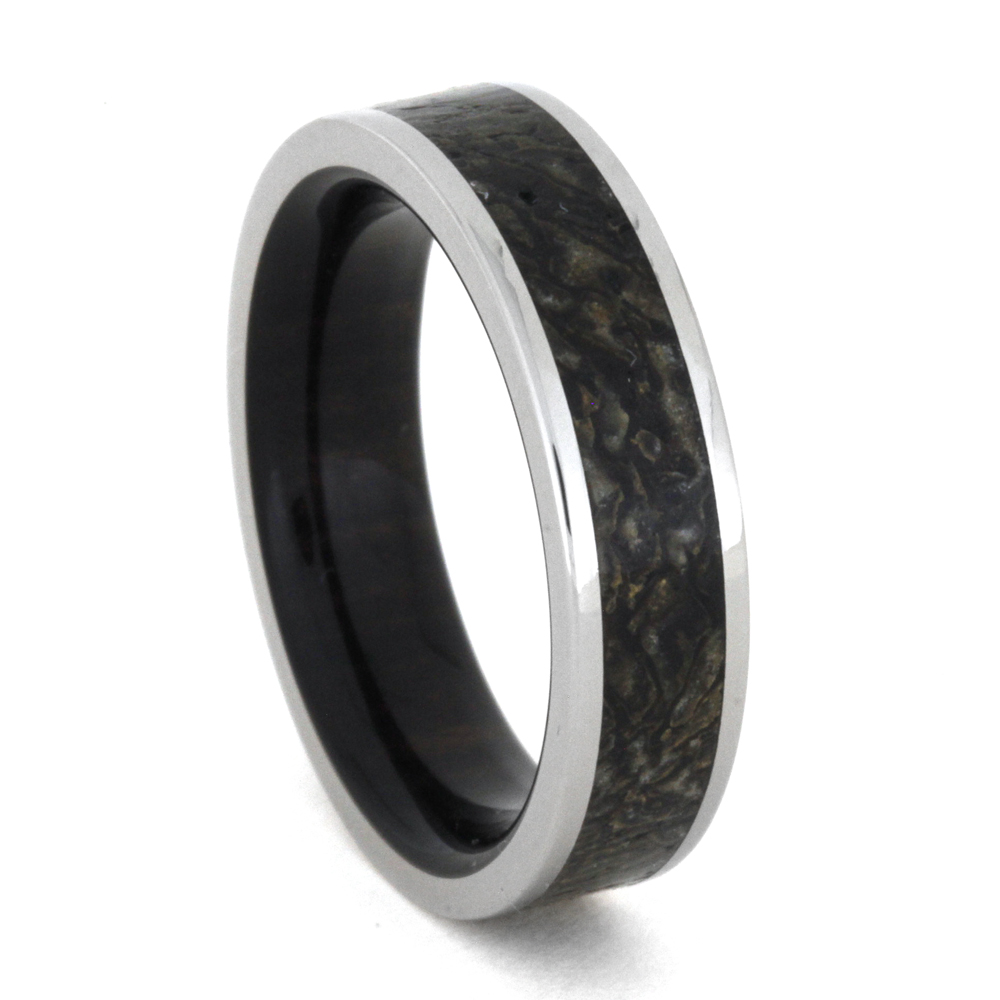 Dinosaur Bone Inlay Ebony Wood Sleeve 6mm Comfort-Fit Polished Titanium Wedding Band.