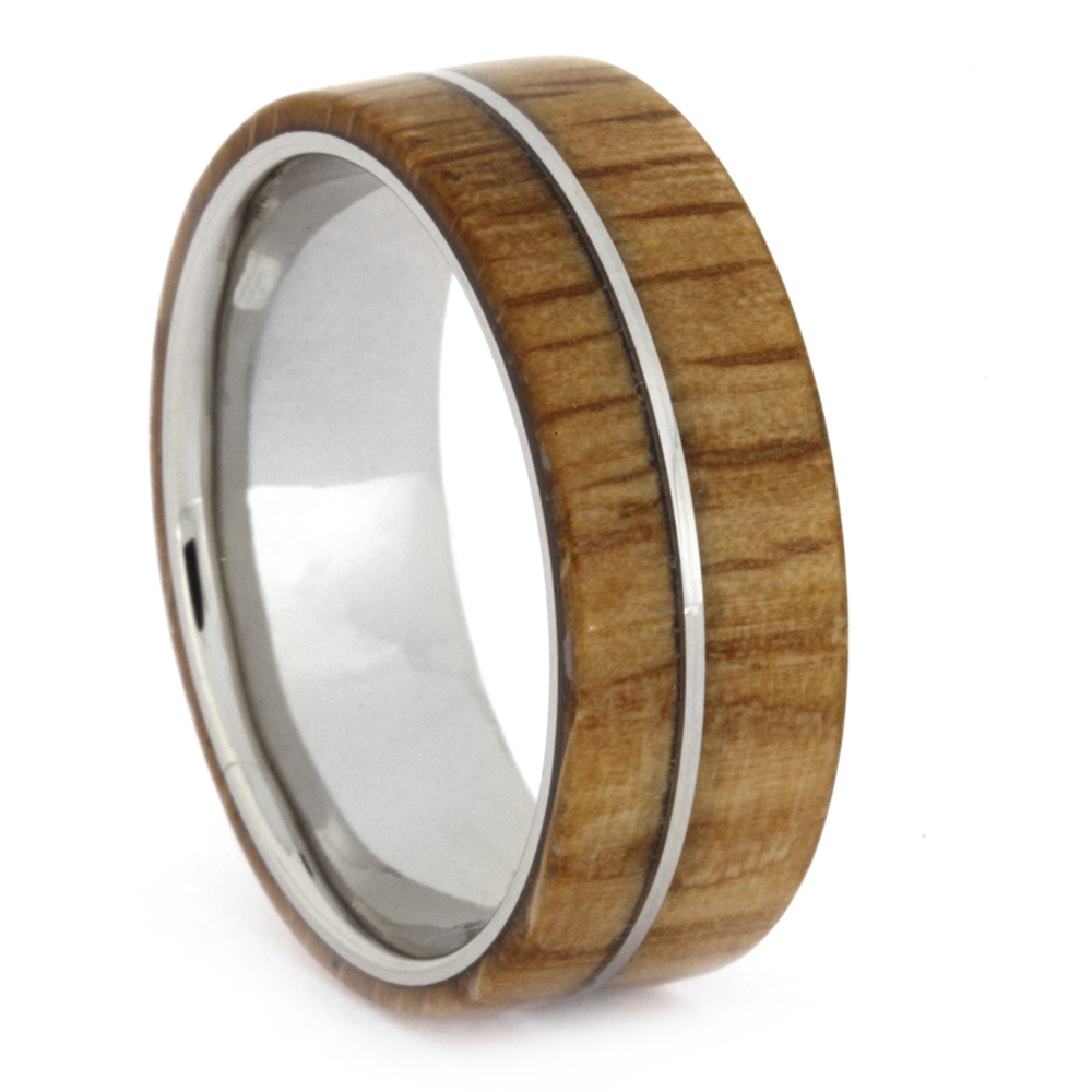 Oak Wood Overlay 8mm Comfort-Fit Polished Titanium Wedding Band.