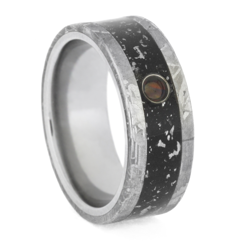 Black Stardust Inlay Cabochon Opal with Gibeon Meteorite 8.5mm Comfort-Fit Polished Titanium Wedding Band.