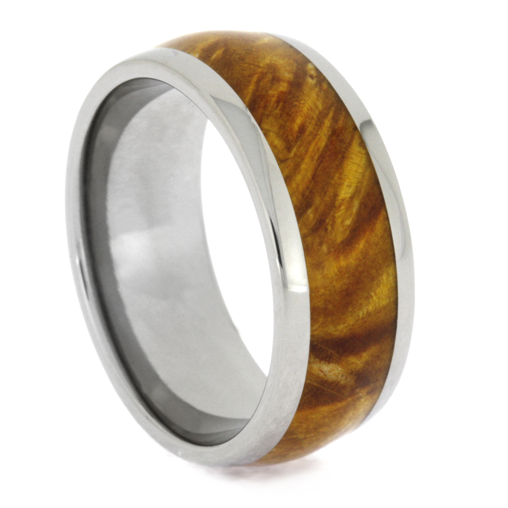 Gold Box Elder Burl Wood Inlay 8mm Comfort-Fit Polished Titanium Wedding Band.