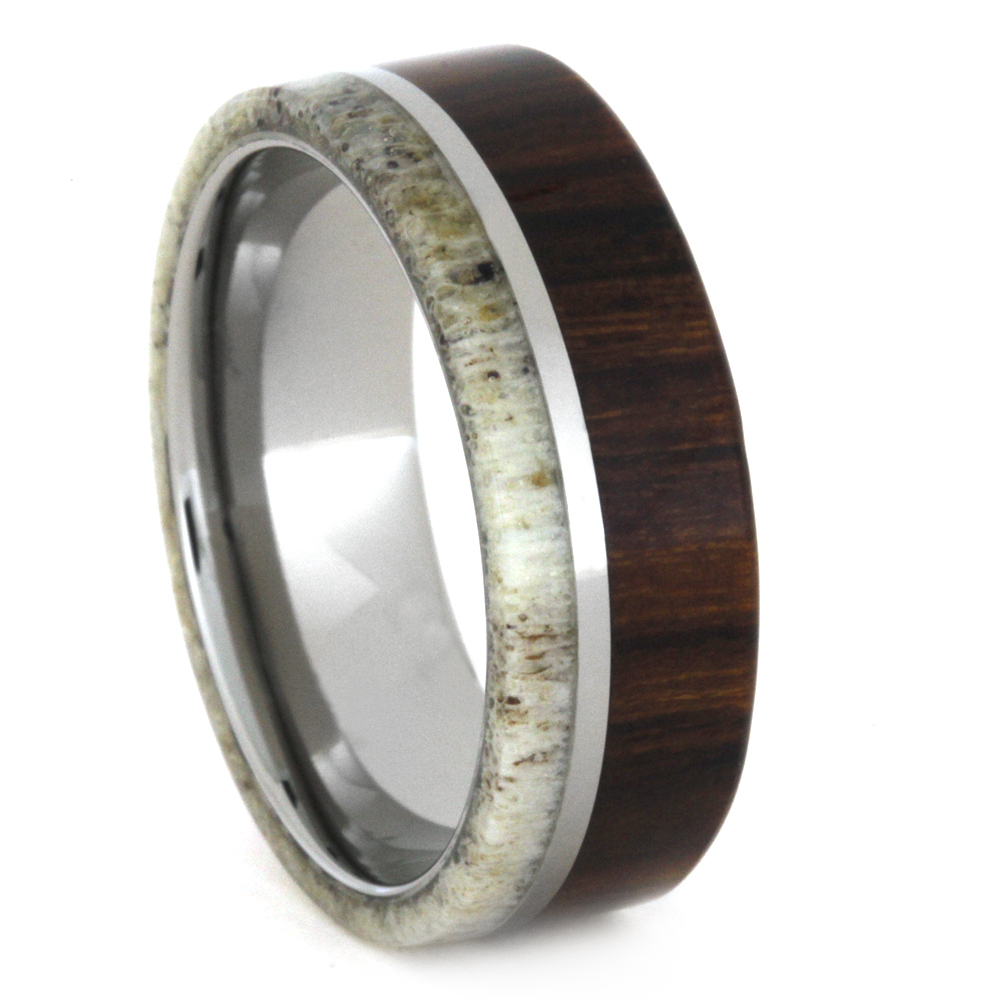 Ironwood with Deer Antler Overlay 8mm Comfort-Fit Polished Titanium Band.