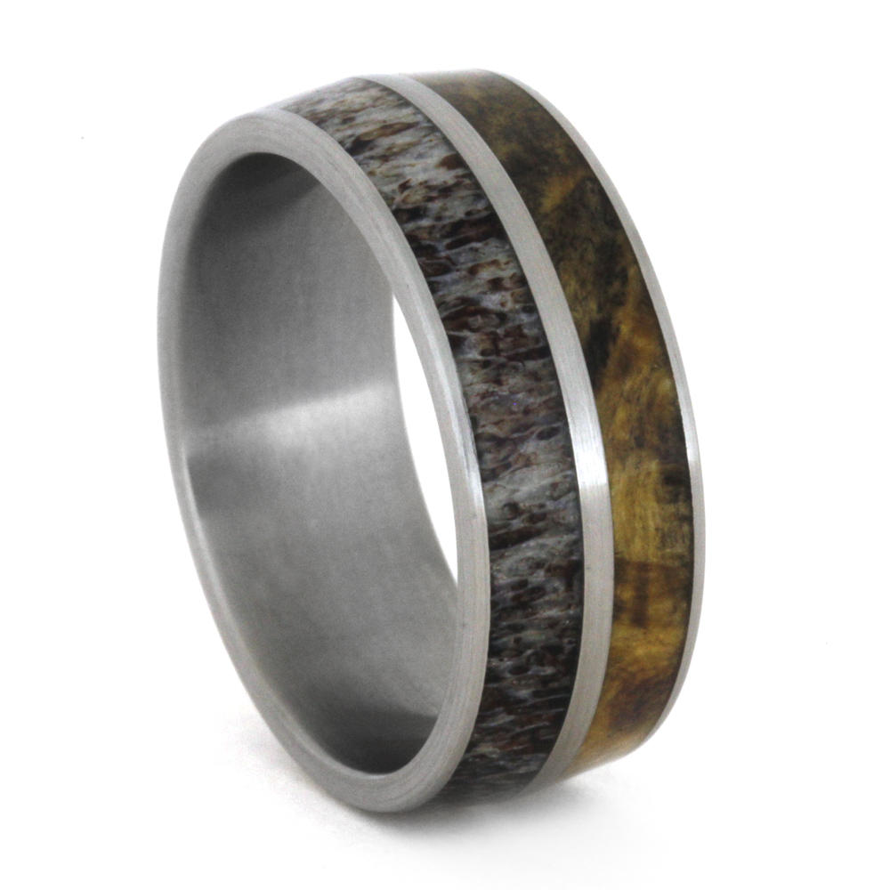 Deer Antler with Buckeye Burl Overlay 8mm Comfort-Fit Brushed Titanium Band.