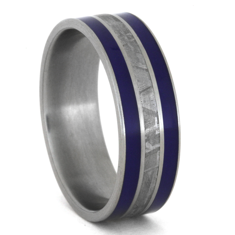 Blue Enamel Stripes with Meteorite Inlay 8mm Comfort-Fit Brushed Titanium Band.