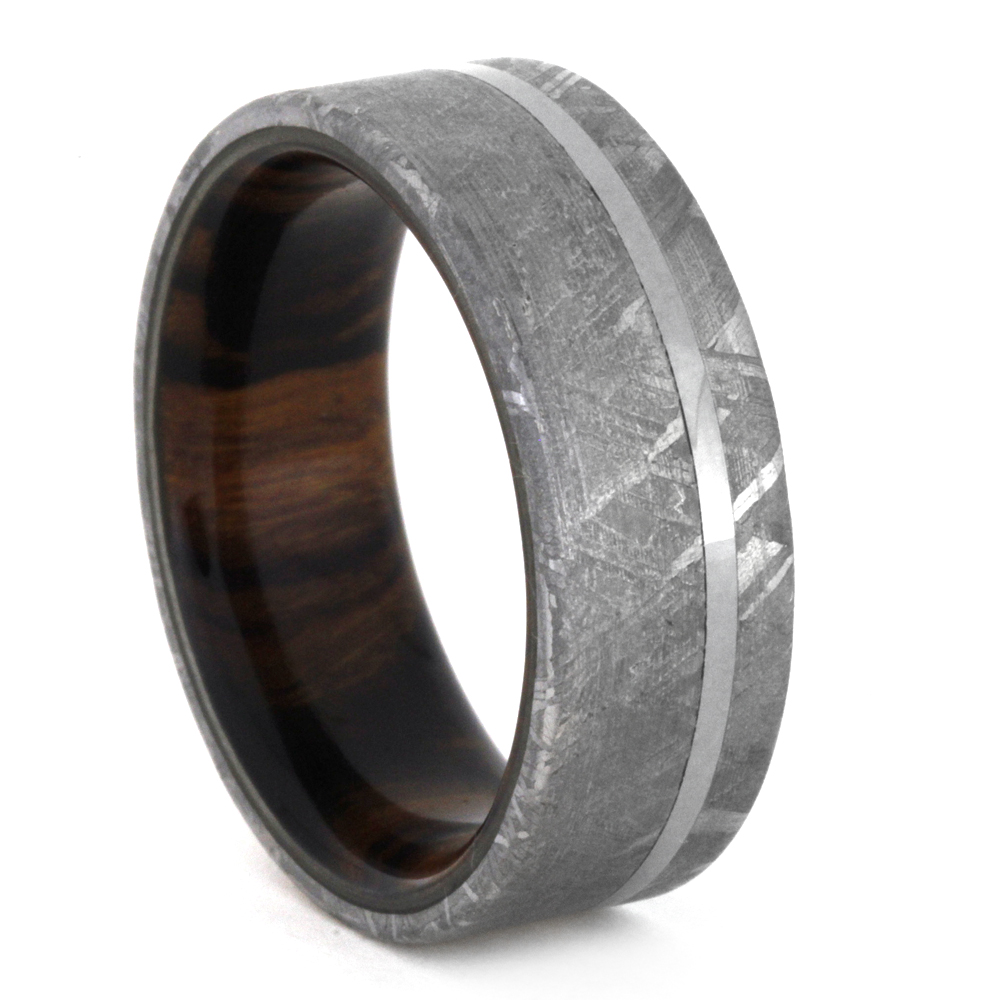 Gibeon Meteorite overlay with Ironwood Sleeve 8mm Comfort-Fit Polished Titanium Wedding Band.