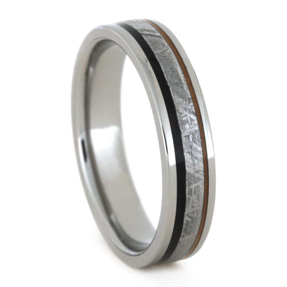 Gibeon Meteorite Inlay with African Blackwood and Orange Enamel 5mm Comfort-Fit Polished Titanium Wedding Band.