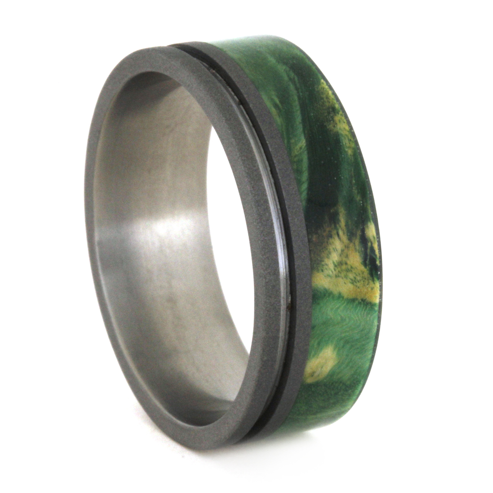 Green Box Elder Burl with Polished Grooved Pinstripe 8mm Comfort-Fit Sandblasted Titanium Wedding Band.