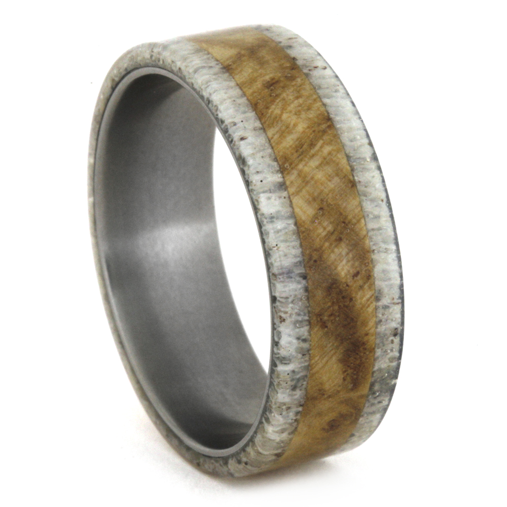 Black Ash Wood Burl Inlay with Deer Antler 8mm Comfort-Fit Matte Titanium Wedding Ring.