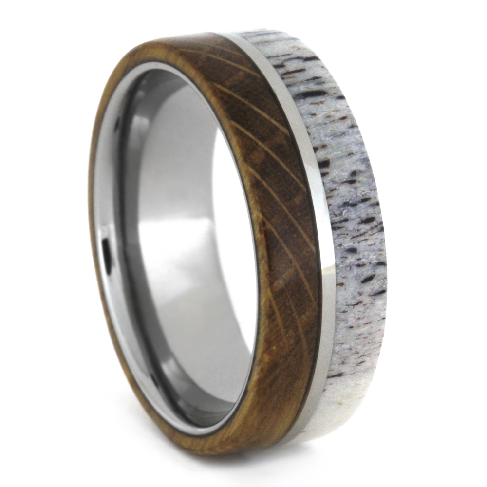 Deer Antler Inlay with Whiskey Barrel Oak Wood 8mm Comfort-Fit Polished Titanium Wedding Band.