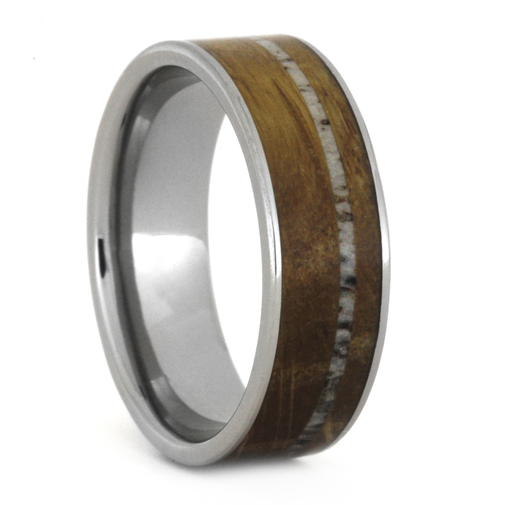 Whiskey Barrel Oak Wood with Deer Antler Pinstripe 7MM Comfort Fit Titanium Wedding Band.