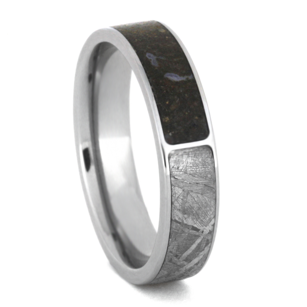 Dinosaur Bone and Gibeon Meteorite Inlay 5mm Comfort-Fit Polished Titanium Wedding Band.