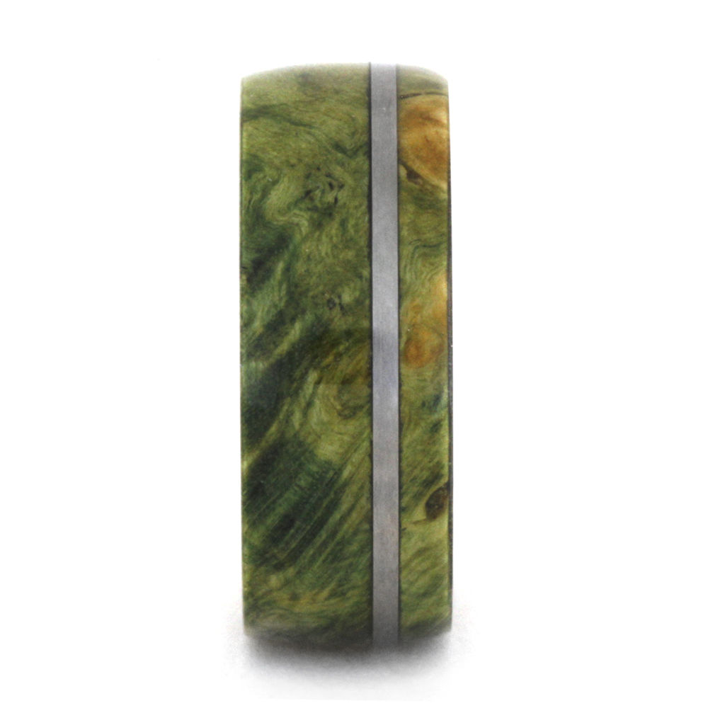 Green Box Elder Burl Overlay 8mm Comfort-Fit Matte Wood Wedding Titanium Band.