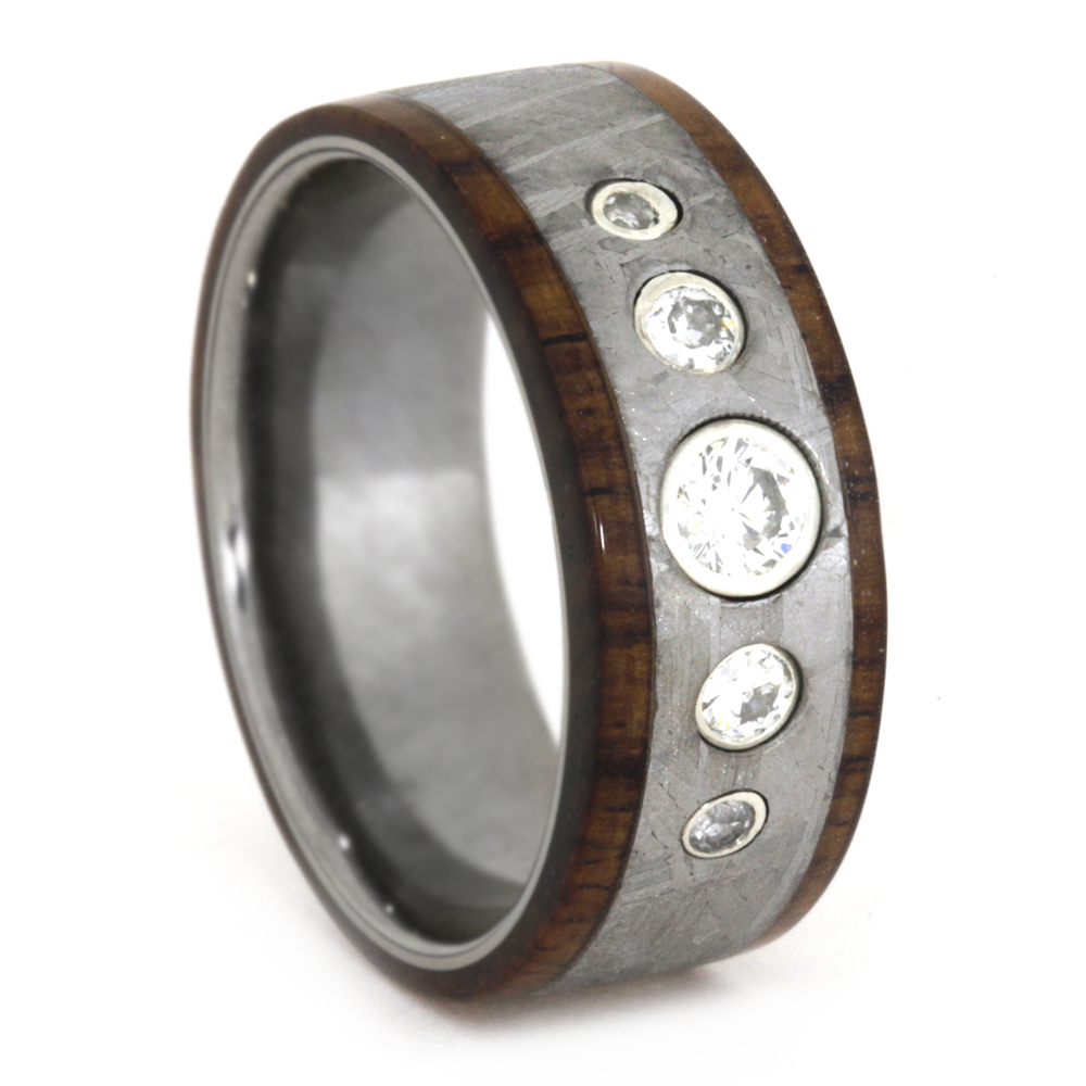 Gibeon Meteorite Inlay with Rosewood 8.5mm Comfort-Fit Polished Titanium Wedding Band.