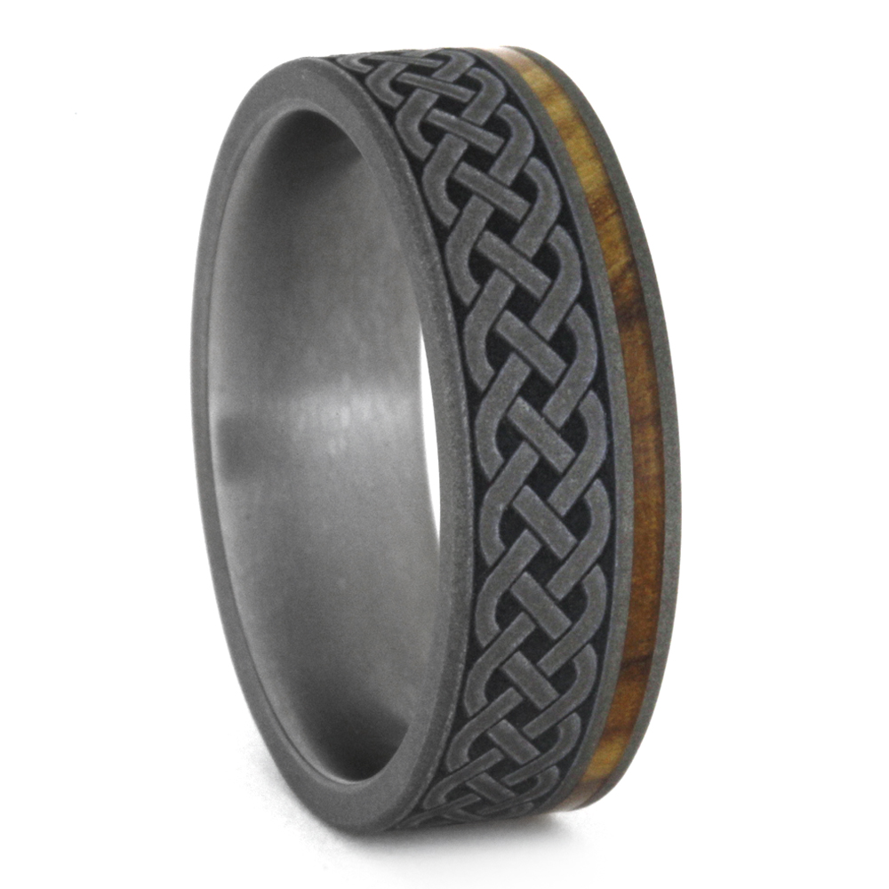 Titanium With Celtic Knot Engraving with Olive Wood Inlay 7mm Comfort-Fit Sandblasted Titanium Band.