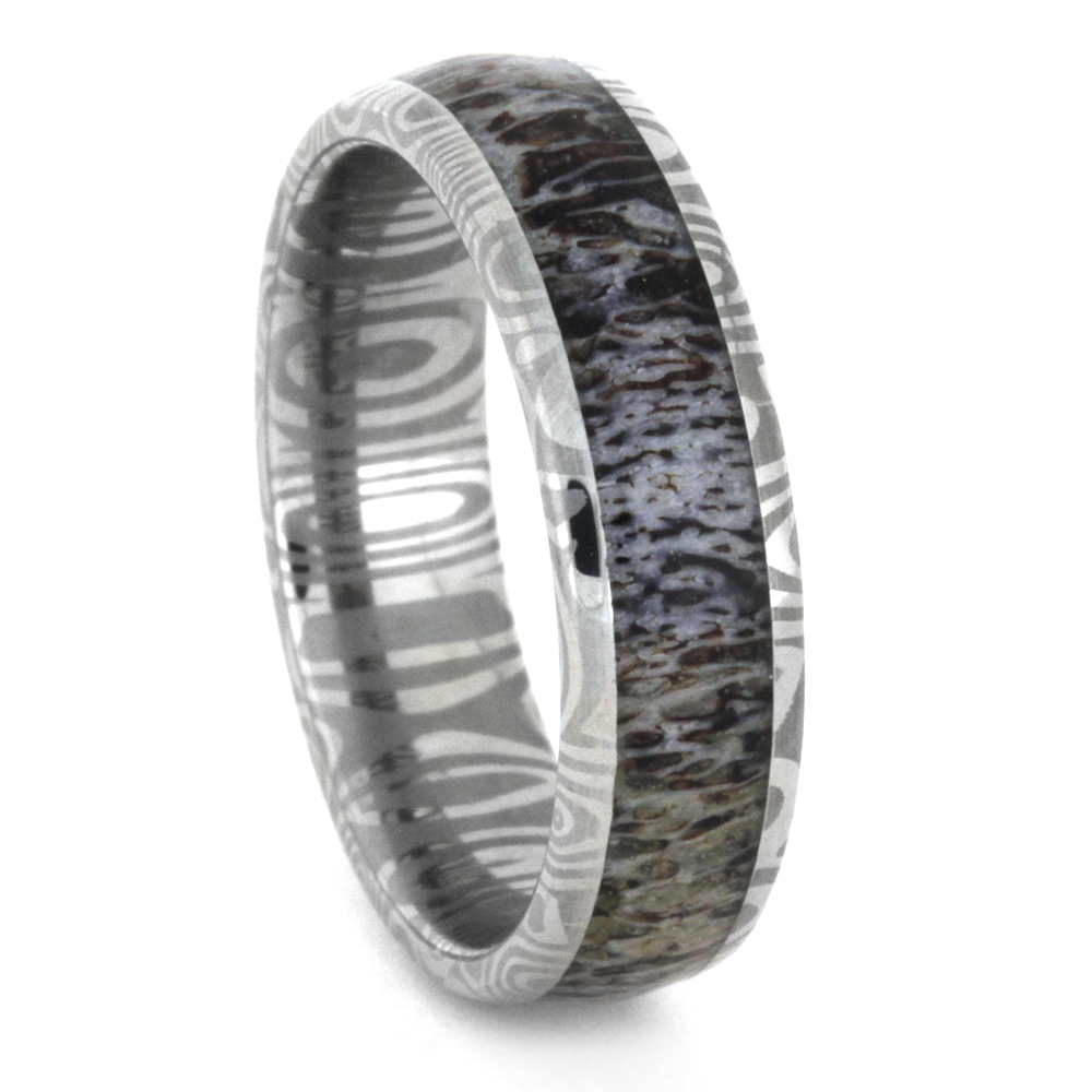 Deer Antler Inlay with Damascus Stainless Steel 6mm Comfort-Fit Polished Titanium Band.