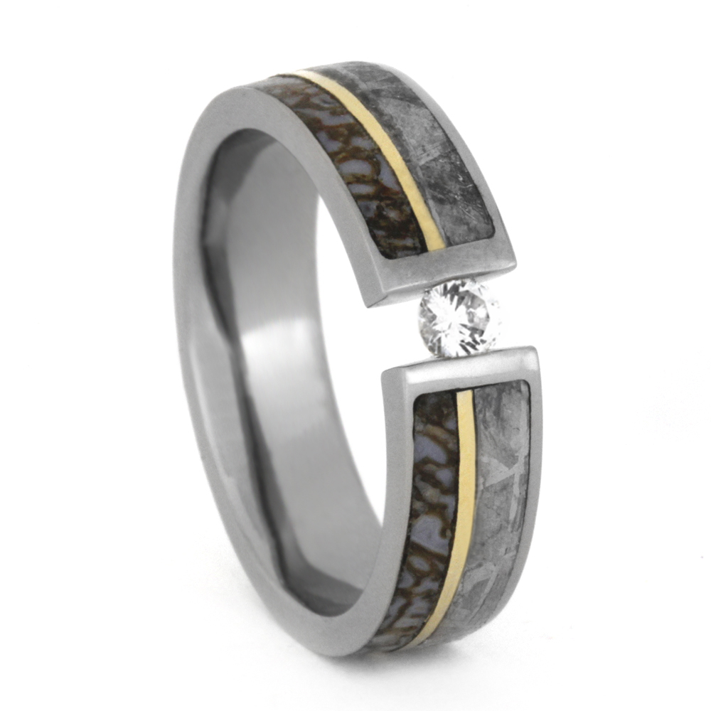 Gibeon Meteorite with Dinosaur Bone Overlay with 14k Yellow Gold 8mm Comfort-Fit Polished Titanium Band.