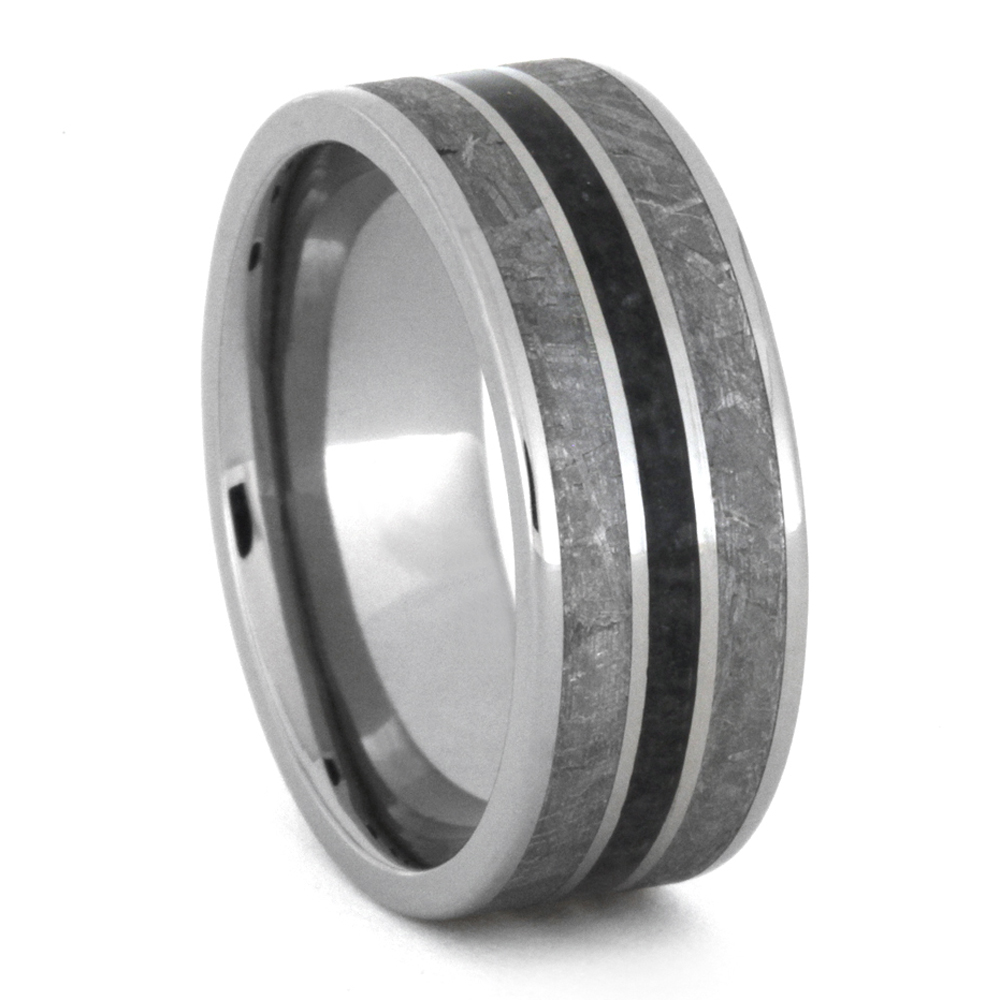 Gibeon Meteorite with Crushed Onyx Inlay 8mm Comfort-Fit Polished Titanium Wedding Band.