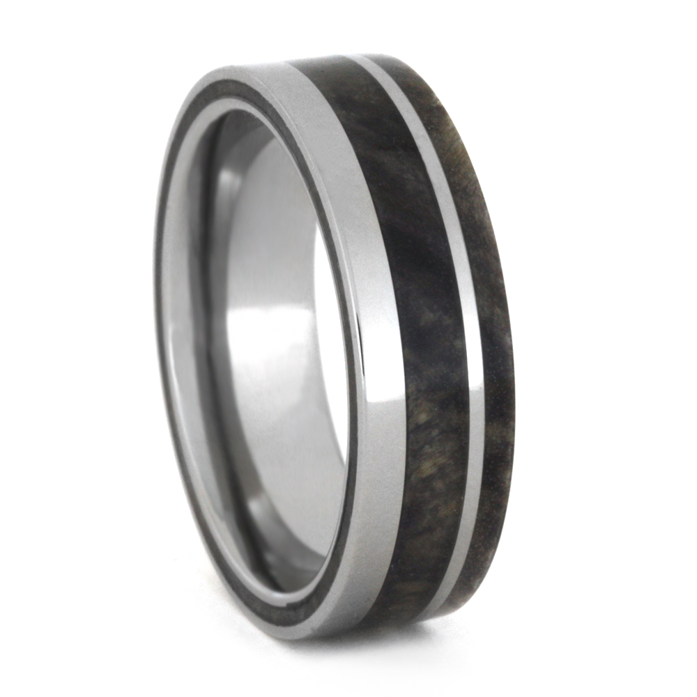 Buckeye Burl Inlay 7mm Comfort-Fit Polished Titanium Wood Wedding Band.