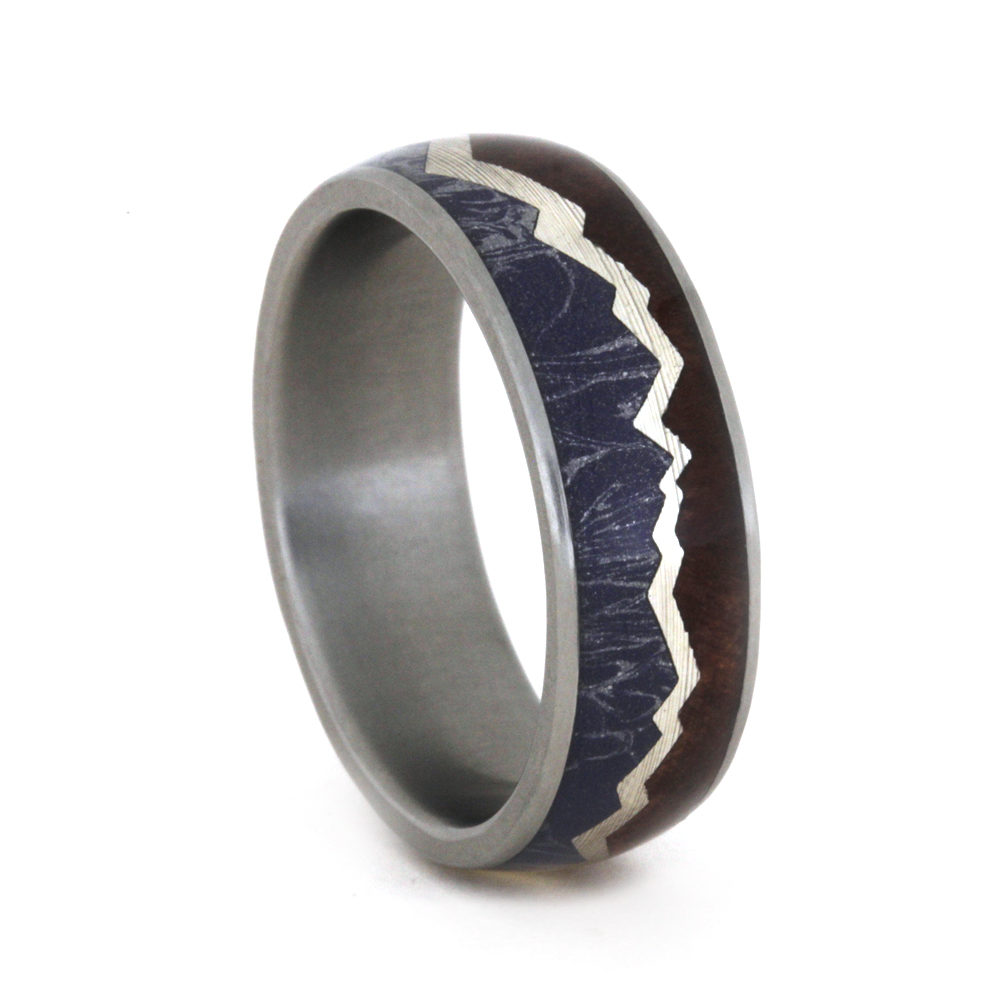 Redwood and Blue, Bronze, Silver Mokume Inlay with Sterling Silver 7mm Comfort-Fit Matte Titanium Wedding Band.