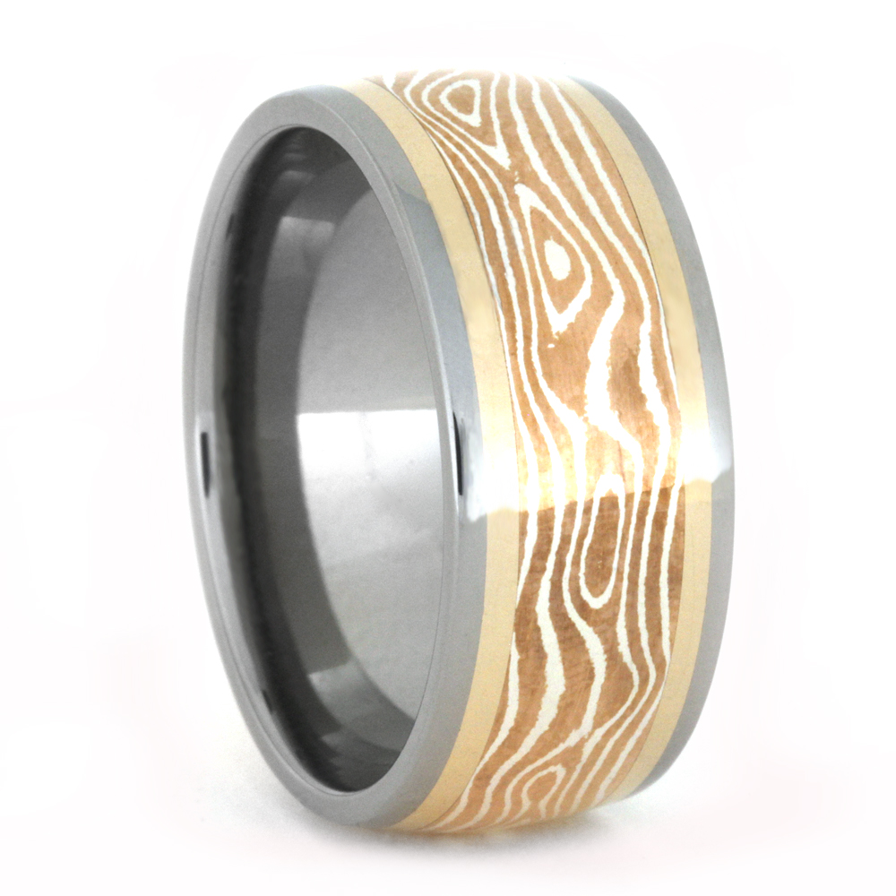 Copper and Silver Mokume Inlay with Copper 10mm Comfort-Fit Polished Titanium Wedding Band.