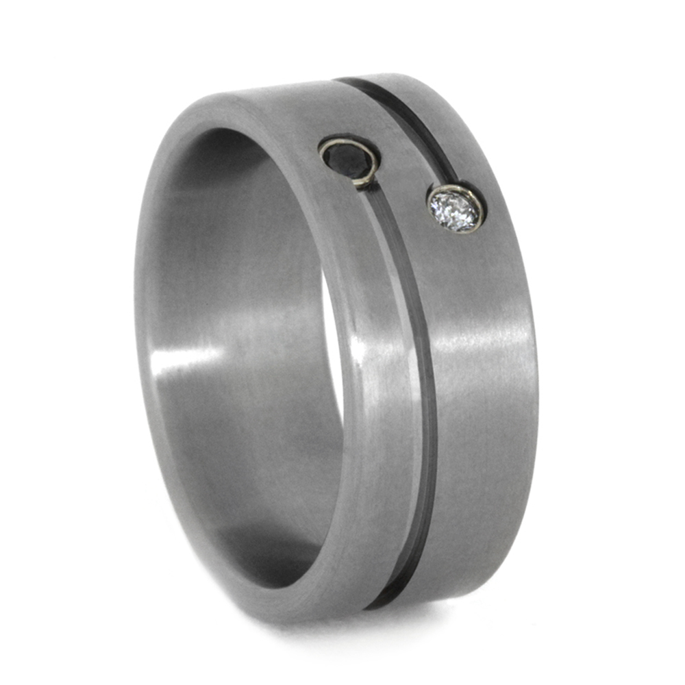 Double Diamond with 14k White Gold Bezel Setting 8mm Comfort-Fit Brushed Titanium Wedding Band.