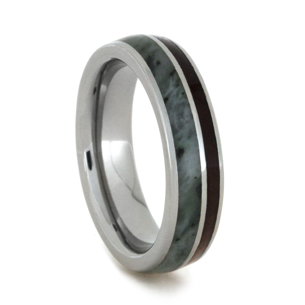 Natural Redwood with Green Jade 5mm Comfort-Fit Polished Titanium Wedding Band.