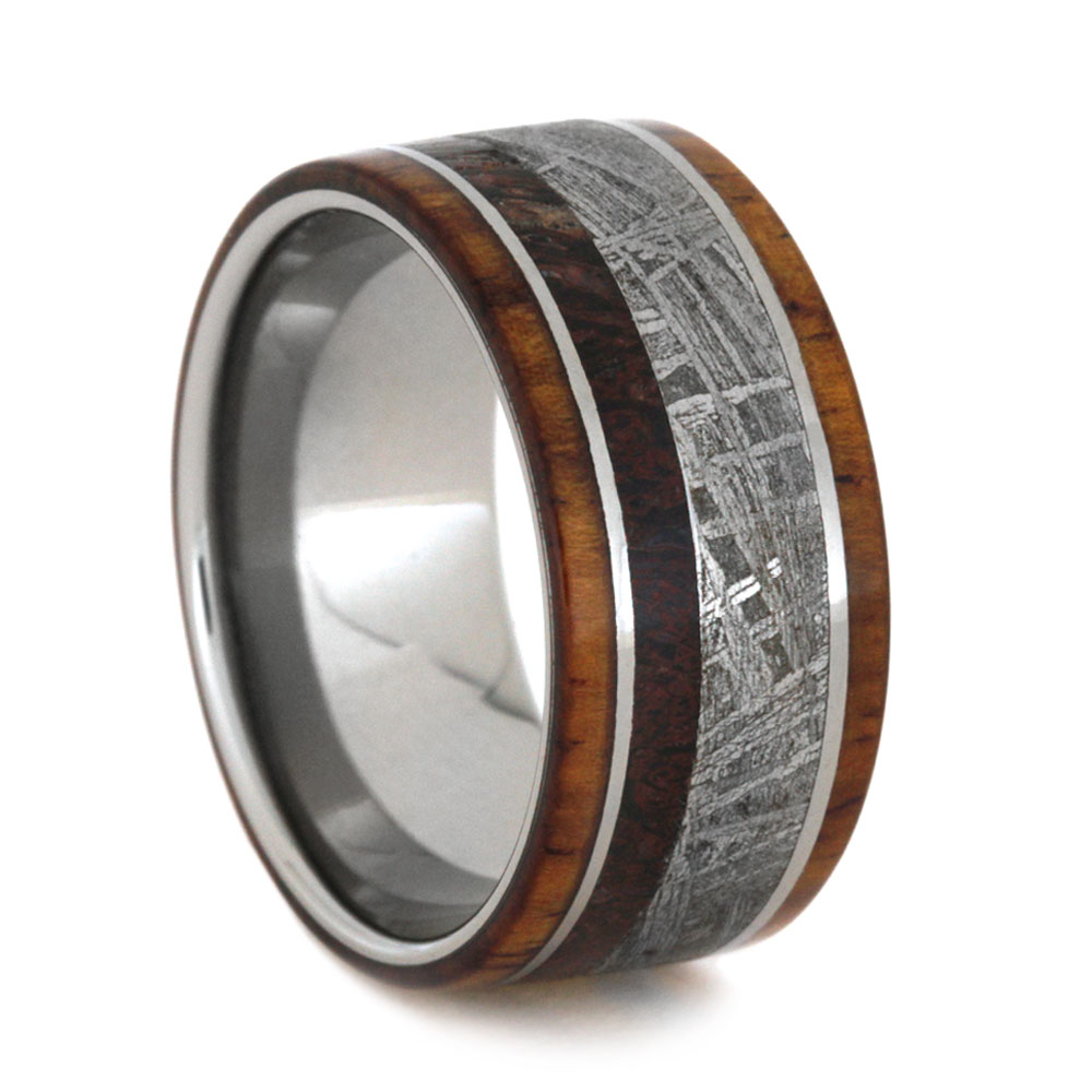 Meteorite Inlay with Honduran Rosewood and Dinosaur Bone 11mm Comfort-Fit Polished Titanium wedding Band.