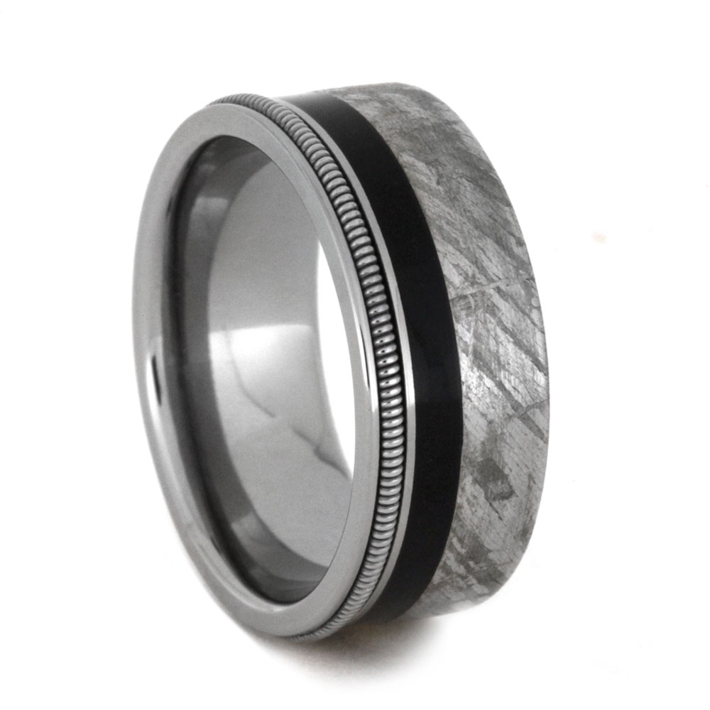 Meteorite with Ebony Wood Inlay and Guitar String 8mm Comfort-Fit Polished Titanium Band.