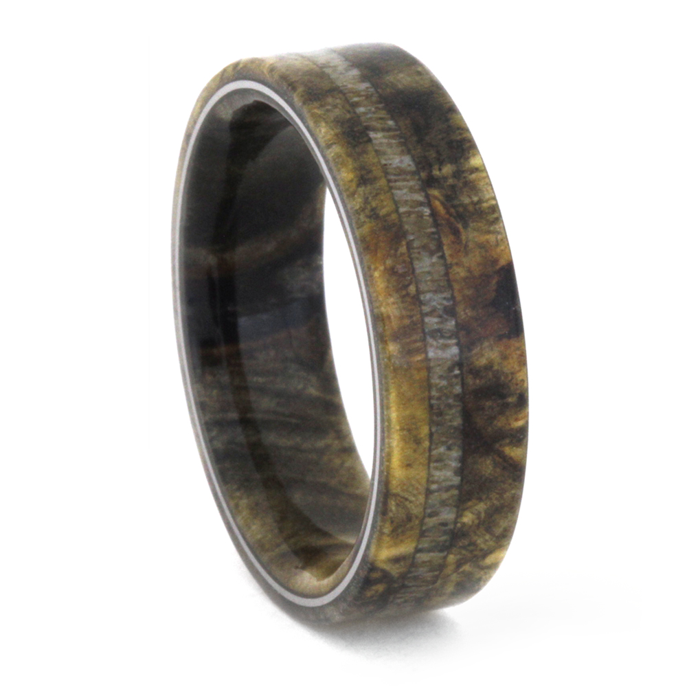 Deer Antler Inlay with Buckeye Burl 6.5mm Comfort-Fit Titanium Wedding Band.