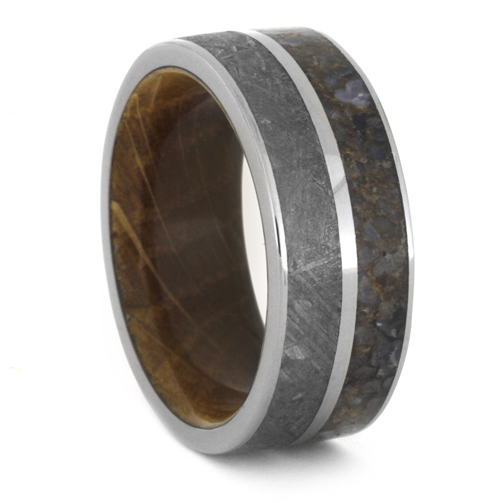 Dinosaur Bone Inlay with Gibeon Meteorite has Whiskey Barrel Oak Wood Sleeve 9mm Comfort-Fit Polished Titanium Wedding Band.