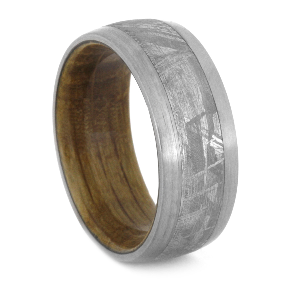 Dinosaur Bone Inlay with Gibeon Meteorite has Honduran Rosewood Burl Sleeve 10mm Comfort-Fit Brushed Titanium Wedding Band.